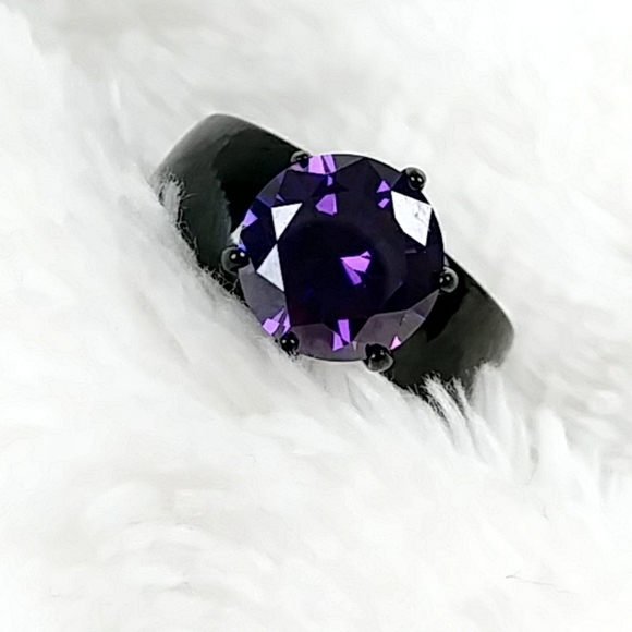Goth Purple Solitaire Black Stainless Steel Ring - Picture 4 of 14